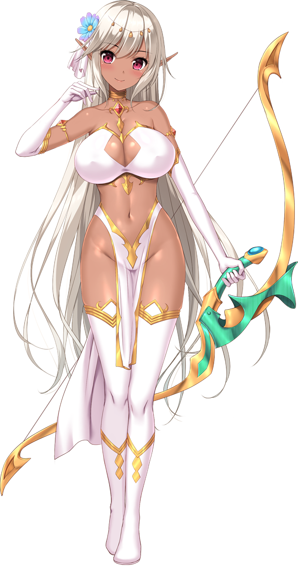 1girl, armlet, blush, boots, bow_(weapon), breasts, choker, cleavage, cleavage_cutout, closed_mouth, clothing_cutout, dark-skinned_female, dark_elf, dark_skin, derauea, elbow_gloves, elf, female_focus, flower, full_body, gloves, gold_trim, grey_hair, hair_flower, hair_ornament, highres, jewelry, large_breasts, loincloth, long_hair, looking_at_viewer, motto!_haramase!_(series), motto!_haramase!_honoo_no_oppai_isekai_ero_mahou_gakuen!, naomin_iva_lucille, navel, no_panties, pelvic_curtain, pink_eyes, pointy_ears, revealing_clothes, shiny_skin, side_slit, smile, solo, standing, thigh_boots, thighhighs, transparent_background, very_long_hair, weapon, white_boots, white_gloves, white_thighhighs