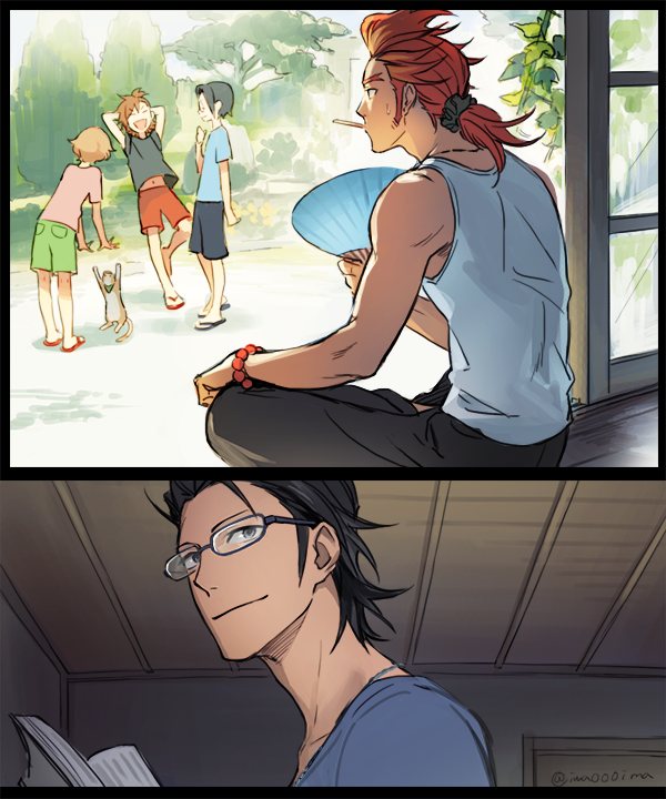 10s, 5boys, akai_suzaku, arms_behind_head, bad_id, bad_pixiv_id, black_hair, blonde_hair, blue-framed_eyewear, brown_hair, cat, glasses, grin, himeno_kanon, idolmaster, idolmaster_side-m, iwa_(iwa000ima), jewelry, kurono_genbu, male_focus, mofumofuen, multicolored_hair, multiple_boys, necklace, nyako_(idolmaster), okamura_nao, ponytail, red_hair, shinsoku_ikkon, shorts, sleeves_rolled_up, sliding_doors, smile, spiked_hair, stretching, tachibana_shiro_(idolmaster), tank_top, tree, twitter_username, two-tone_hair
