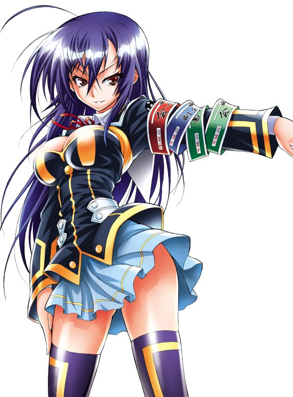 1girl, ahoge, akatsuki_akira, armband, blue_hair, breasts, brown_eyes, cleavage