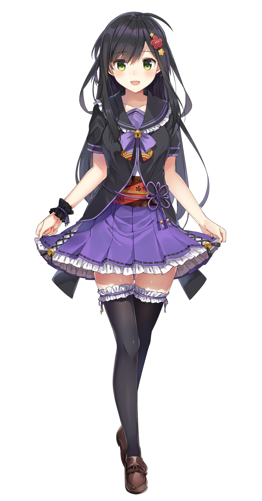 1girl, :d, absurdres, black_hair, black_thighhighs, blush, collarbone, female_focus