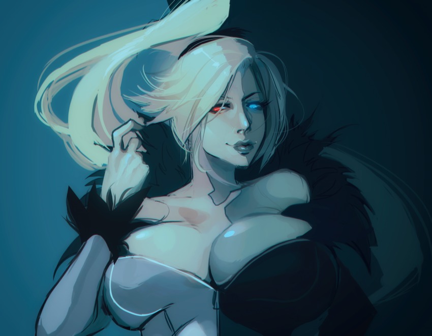 1girl, bare_shoulders, black_dress, blonde_hair, blue_eyes, breasts, cleavage, dress