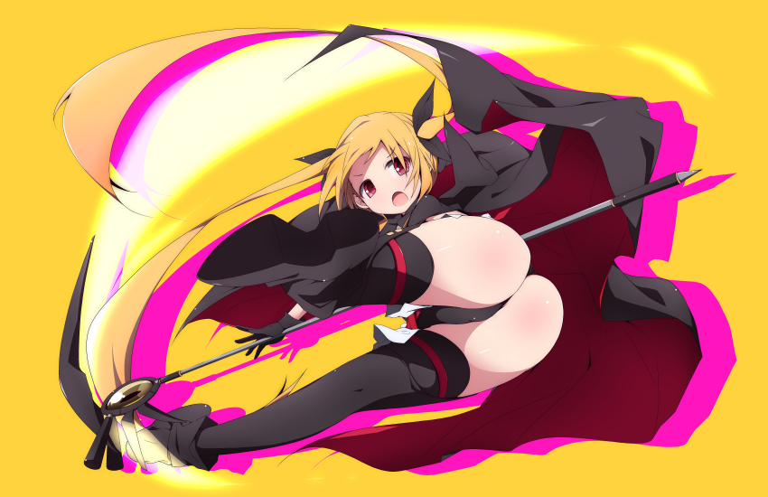 1girl, absurdres, ass, bardiche_(nanoha), black_leotard, black_thighhighs, blonde_hair, boots