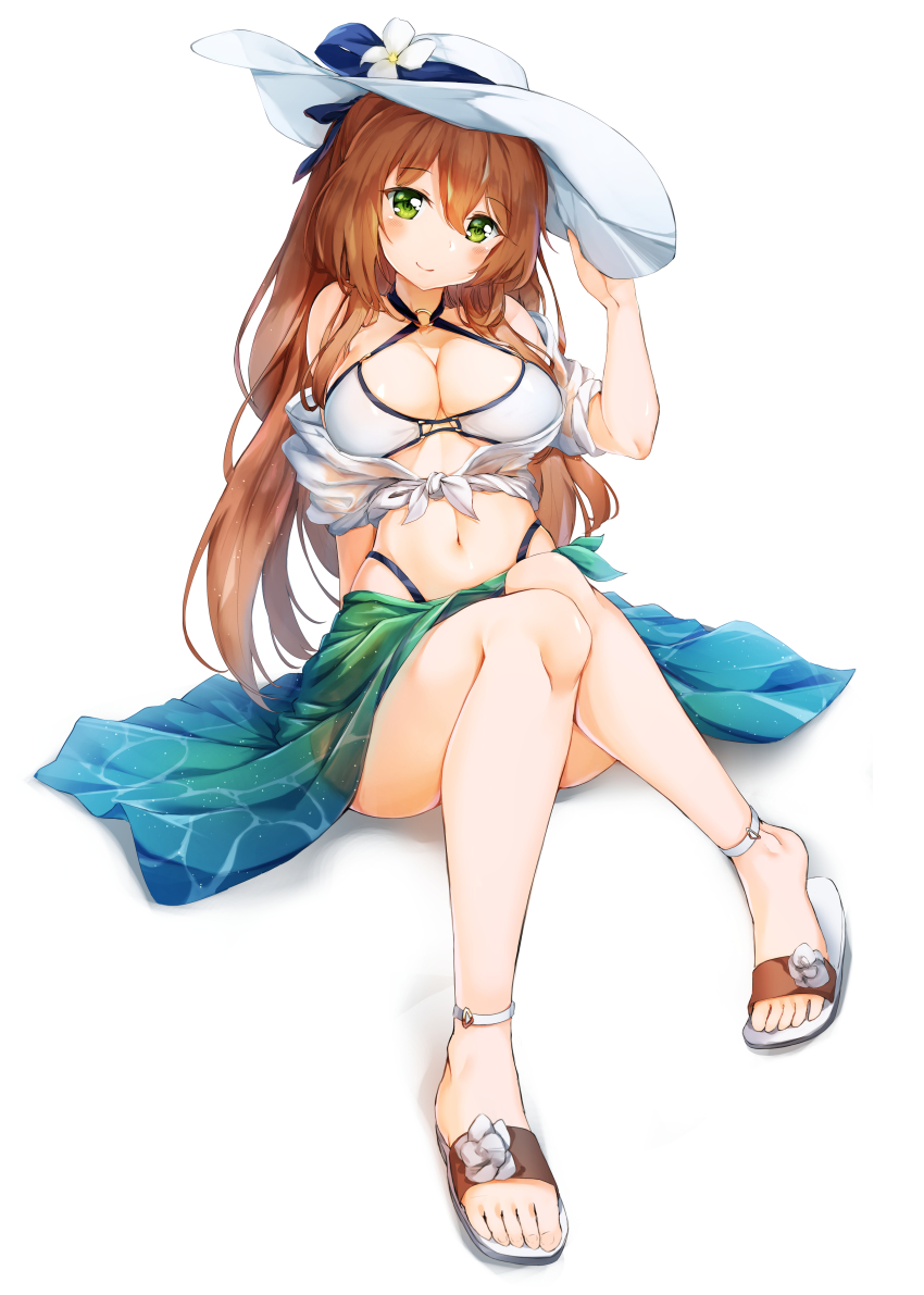 1girl, absurdres, ankle_strap, arm_at_side, arm_support, bare_shoulders, bikini, bikini_bottom_only, black_bikini, blue_ribbon, blush, breasts, brown_hair, cleavage, closed_mouth, female_focus, flower, front-tie_top, full_body, girls'_frontline, green_eyes, halterneck, hand_on_headwear, hand_up, hansal, hat, hat_flower, hat_ribbon, highleg, highleg_bikini, highres, knees_together_feet_apart, large_breasts, long_hair, medium_breasts, navel, o-ring, o-ring_bikini, off_shoulder, official_alternate_costume, open_clothes, open_shirt, reclining, ribbon, sandals, sarong, shirt, short_sleeves, simple_background, smile, solo, springfield_(girls'_frontline), springfield_(stirring_mermaid)_(girls'_frontline), sun_hat, swimsuit, white_background, white_bikini, white_flower, white_hat, white_shirt