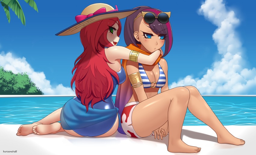 2girls, ass, bare_shoulders, barefoot, beach, bikini, bikini_top_only, blue_eyes