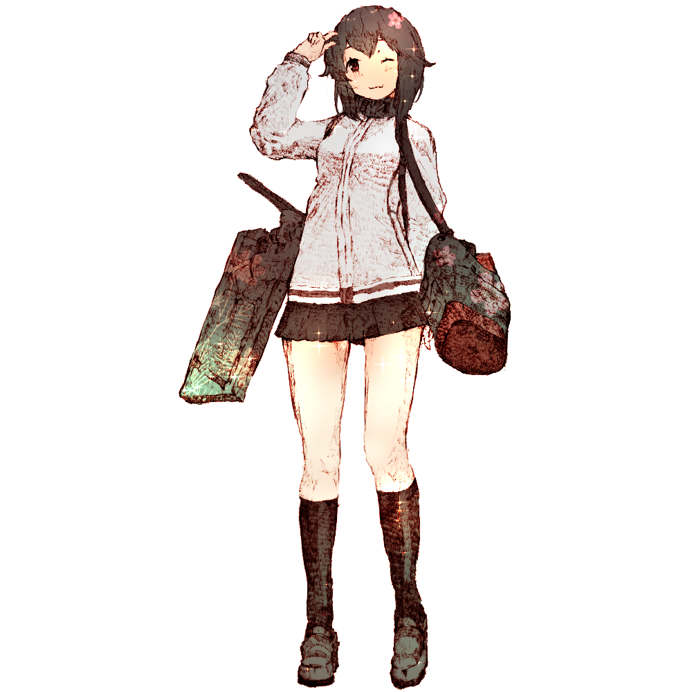 10s, 1girl, ;3, bag, black_hair, cherry_blossoms, female_focus, full_body, gurin33, hand_up, hayasui_(kancolle), jacket, kantai_collection, kneehighs, loafers, looking_at_viewer, one-hour_drawing_challenge, one_eye_closed, red_eyes, rigging, shoes, shoulder_bag, simple_background, skirt, socks, solo, sparkle, texture, track_jacket, v, white_background, white_jacket