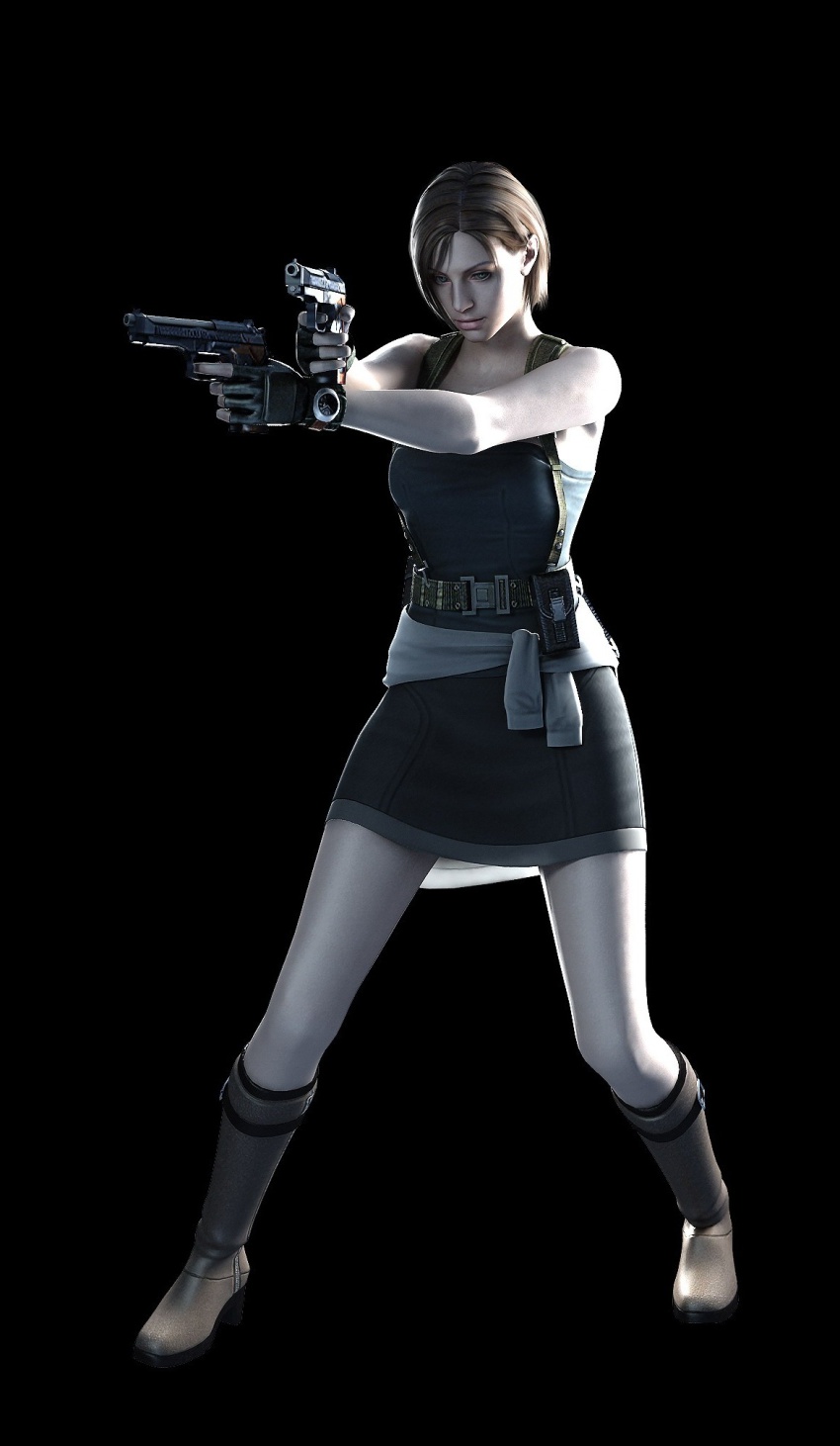 1girl, 3d, artist_request, beretta_92, blue_eyes, boots, brown_hair, capcom, dark, dual_wielding, female_focus, gloves, gun, handgun, hands_on_own_hips, highres, holding, jill_valentine, official_art, pencil_skirt, pistol, resident_evil, resident_evil_(remake), resident_evil_3:_nemesis, semi-automatic_pistol, short_hair, skirt, solo, source_request, strapless, tube_top, weapon