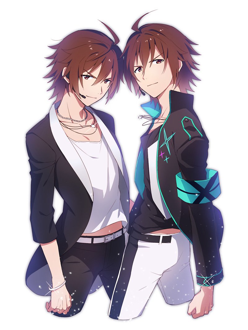 10s, 11kkr, 2boys, ahoge, amagase_touma, armband, belt, black_jacket, blackish_961sp, bracelet, brown_eyes, brown_hair, clenched_hand, cropped_torso, dual_persona, idolmaster, idolmaster_2, idolmaster_side-m, jacket, jewelry, looking_at_viewer, male_focus, microphone, multiple_boys, necklace, outline, short_hair, simple_background, white_background