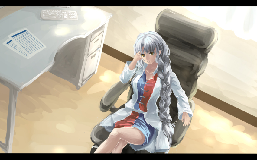 1girl, adapted_costume, alternate_eye_color, braid, breasts, coat, collared_dress, commentary_request