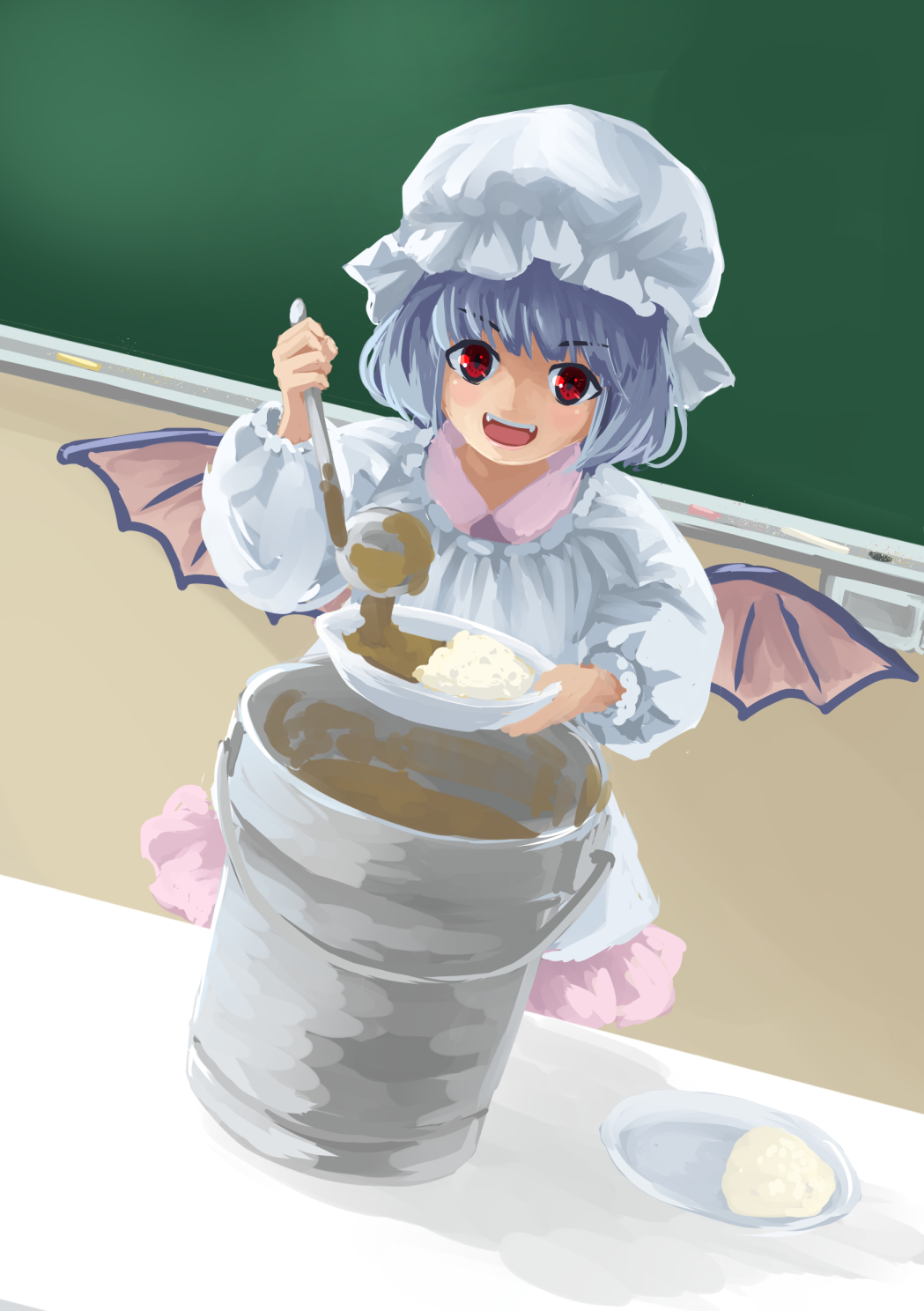 1girl, alternate_costume, apron, bat_wings, blue_hair, chalk, chalkboard, classroom