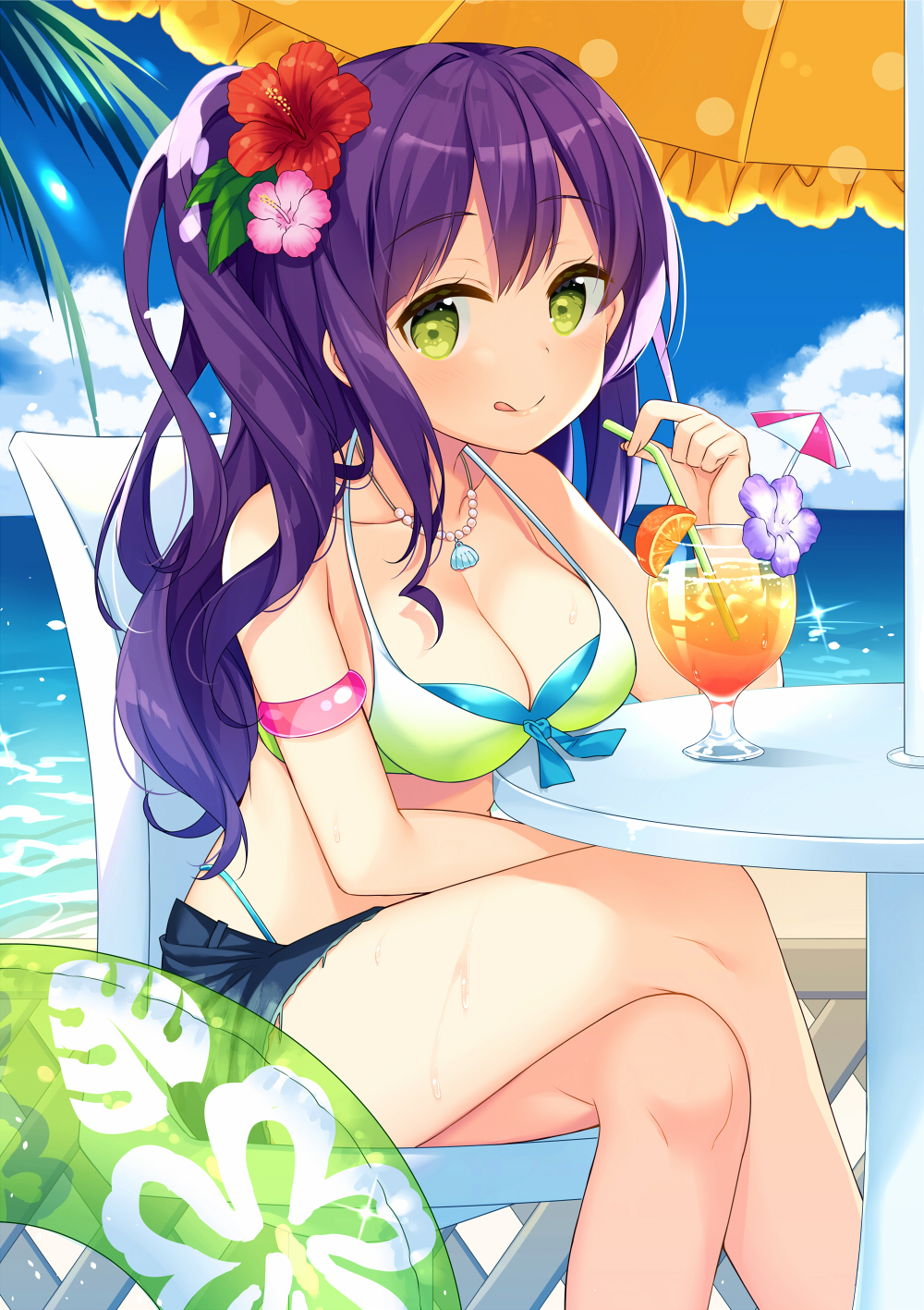 1girl, :q, bekotarou, bikini, blue_sky, blush, chair, closed_mouth