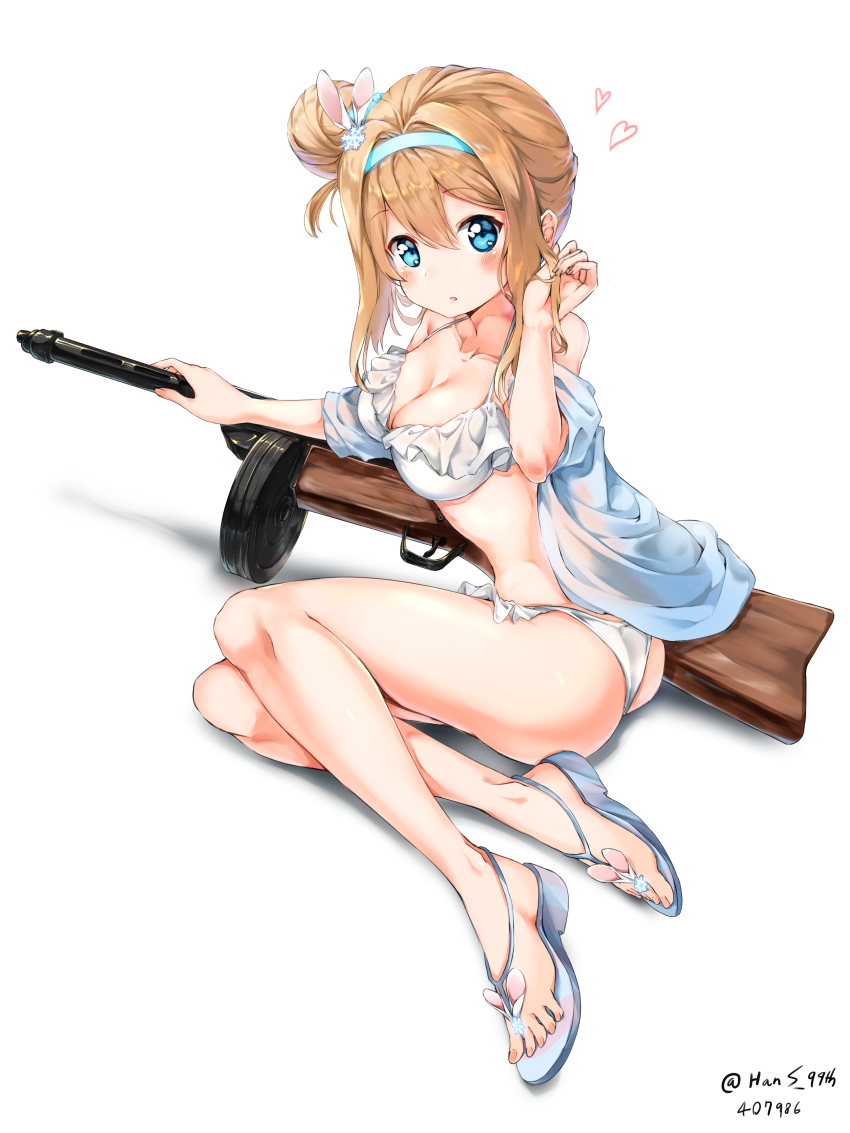1girl, absurdres, ass, bikini, blue_eyes, breasts, brown_hair, cleavage, feet, female_focus, girls'_frontline, gun, hair_bun, hansal, heart, highres, legs, official_alternate_costume, sandals, single_hair_bun, sitting, solo, submachine_gun, suomi_(girls'_frontline), suomi_(midsummer_pixie)_(girls'_frontline), swimsuit, toes, weapon, white_bikini, yokozuwari