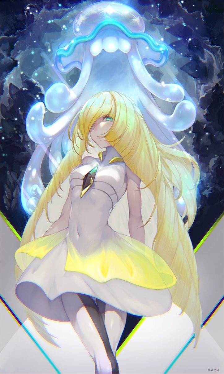 1girl, artist_name, blonde_hair, covered_navel, dress, gen_7_pokemon, green_eyes, hair_over_one_eye