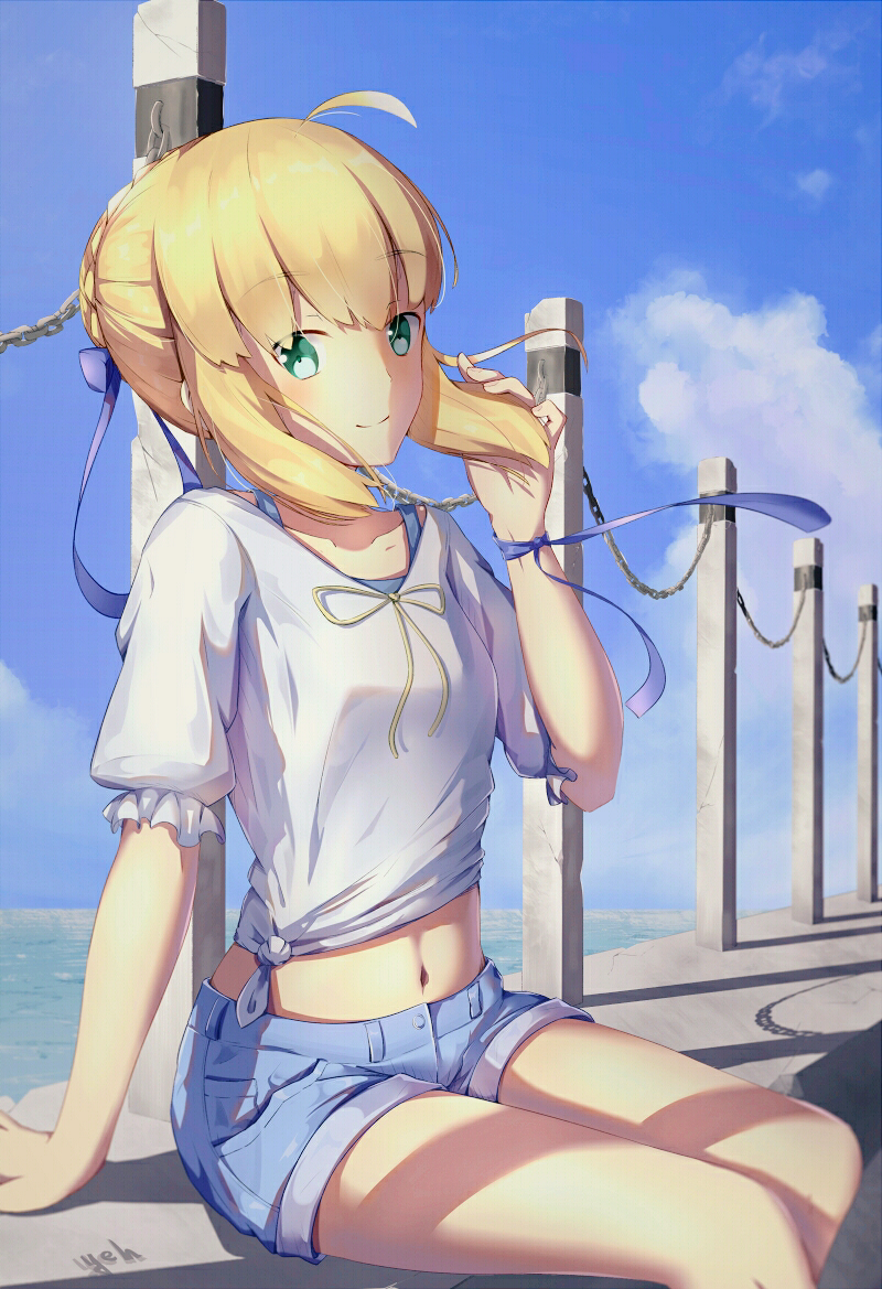 1girl, ahoge, alternate_costume, arm_support, artist_name, artoria_pendragon_(fate), blonde_hair, blue_ribbon, blue_skirt, bound, bound_wrists, braid, braided_bun, chain, cloud, day, denim, denim_shorts, fate/stay_night, fate_(series), female_focus, hair_bun, midriff, navel, railing, ribbon, saber_(fate), shadow, short_shorts, shorts, sitting, skirt, smile, solo, thighs, water, yeh_(354162698)