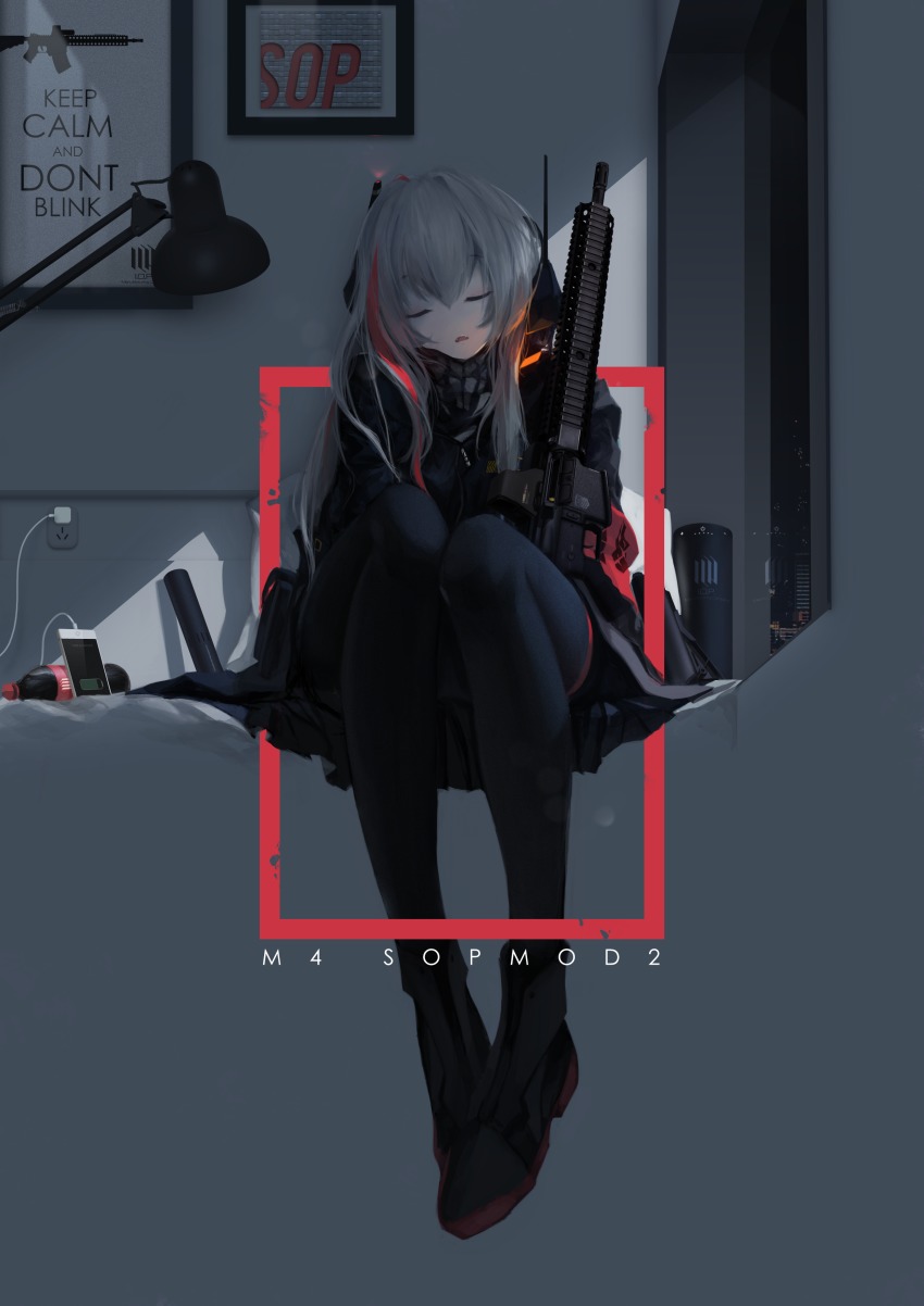 1girl, absurdres, assault_rifle, black_pantyhose, cellphone, character_name, closed_eyes, fangs, female_focus, girls'_frontline, grey_hair, gun, highres, holding, holding_gun, holding_weapon, indoors, iphone, jacket, lamp, legs_together, long_hair, m4_carbine, m4_sopmod_ii_(girls'_frontline), mienthoa, military, military_uniform, multicolored_hair, night, on_bed, open_mouth, pantyhose, phone, poster_(object), purple_hair, rifle, sidelocks, sitting, sleeping, smartphone, solo, streaked_hair, weapon, window