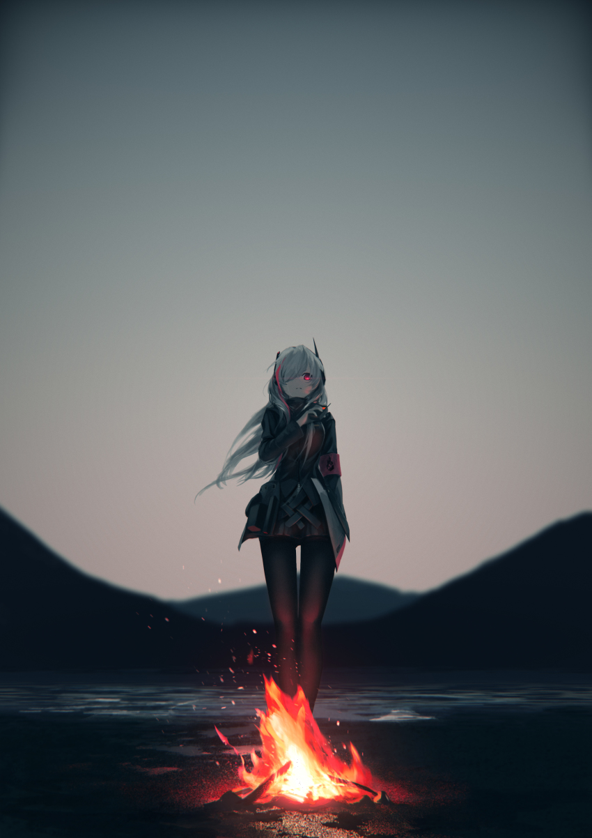 1girl, absurdres, black_pantyhose, blurry, campfire, closed_mouth, controller, depth_of_field, embers, female_focus, floating_hair, girls'_frontline, glowing, glowing_eye, grey_hair, hair_over_one_eye, hand_up, headgear, highres, holding, long_hair, long_sleeves, looking_at_viewer, m4_sopmod_ii_(girls'_frontline), mienthoa, military, military_uniform, multicolored_hair, outdoors, pantyhose, red_eyes, remote_control, scenery, solo, standing, streaked_hair