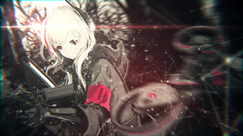 1girl, absurdres, assault_rifle, bad_id, bad_pixiv_id, blurry, chromatic_aberration, closed_mouth