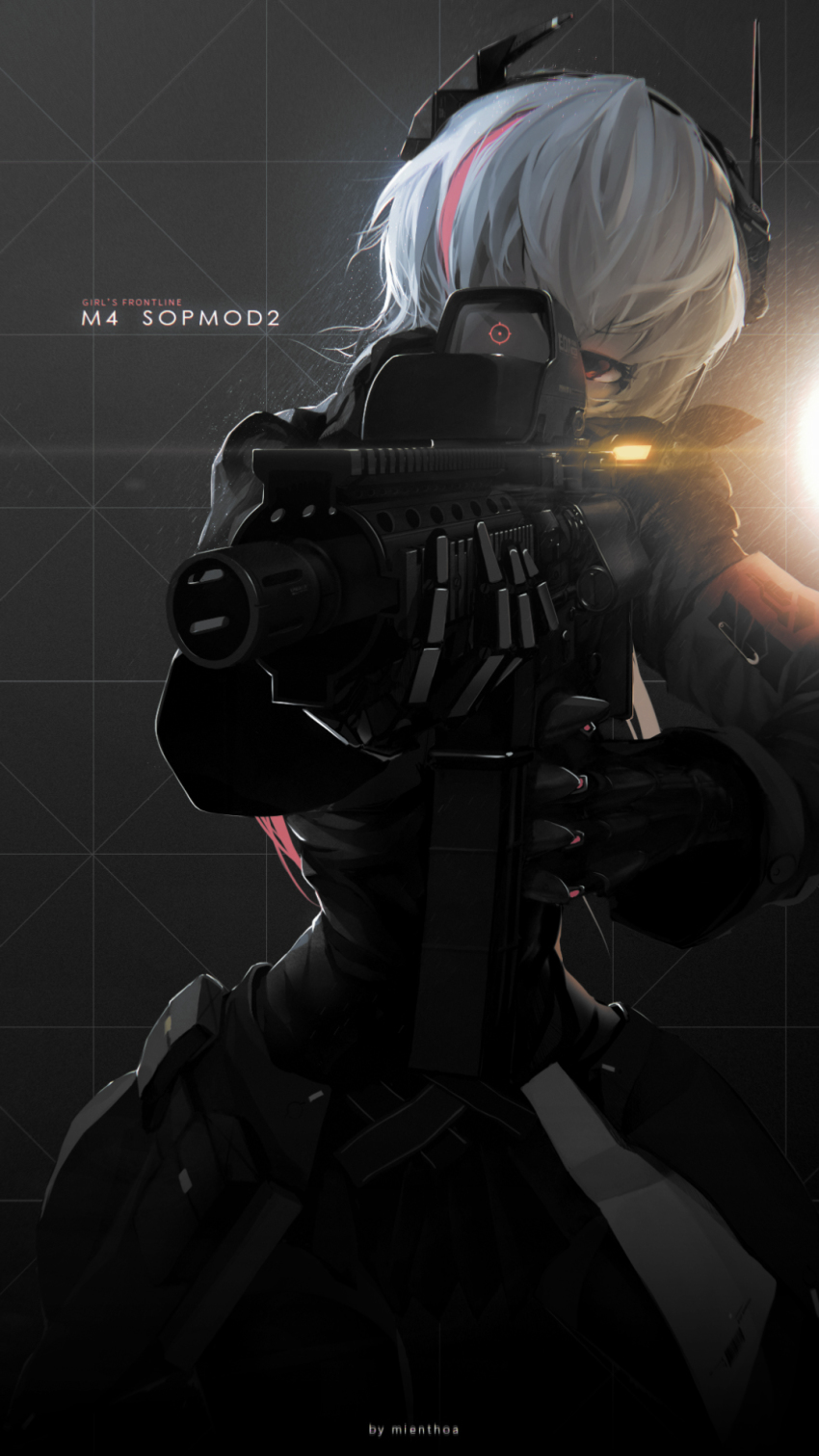 1girl, aiming, artist_name, assault_rifle, black_gloves, character_name, copyright_name, eotech