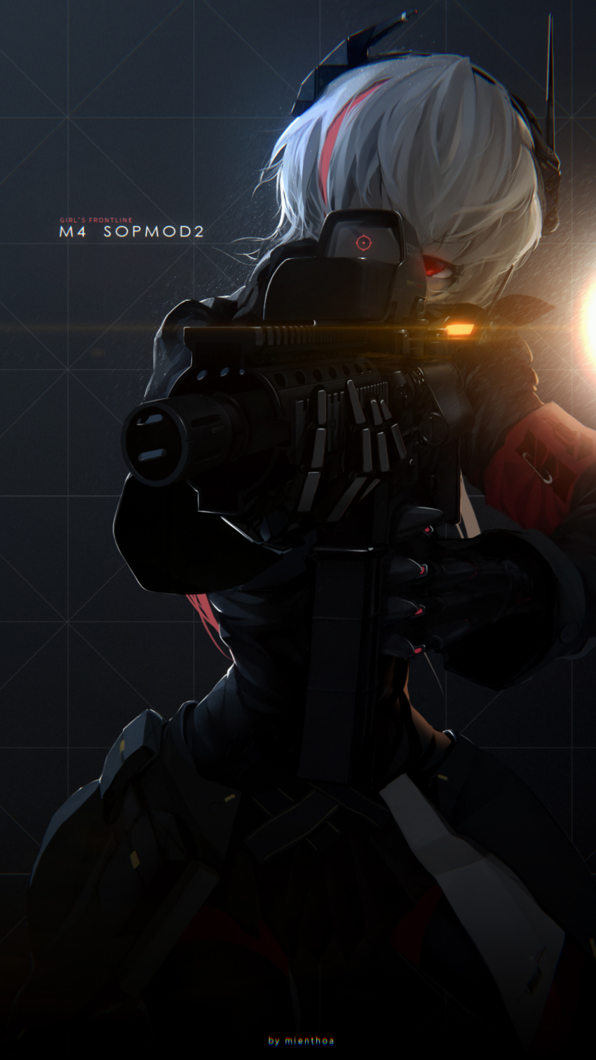 1girl, aiming, artist_name, assault_rifle, black_gloves, character_name, copyright_name, eotech