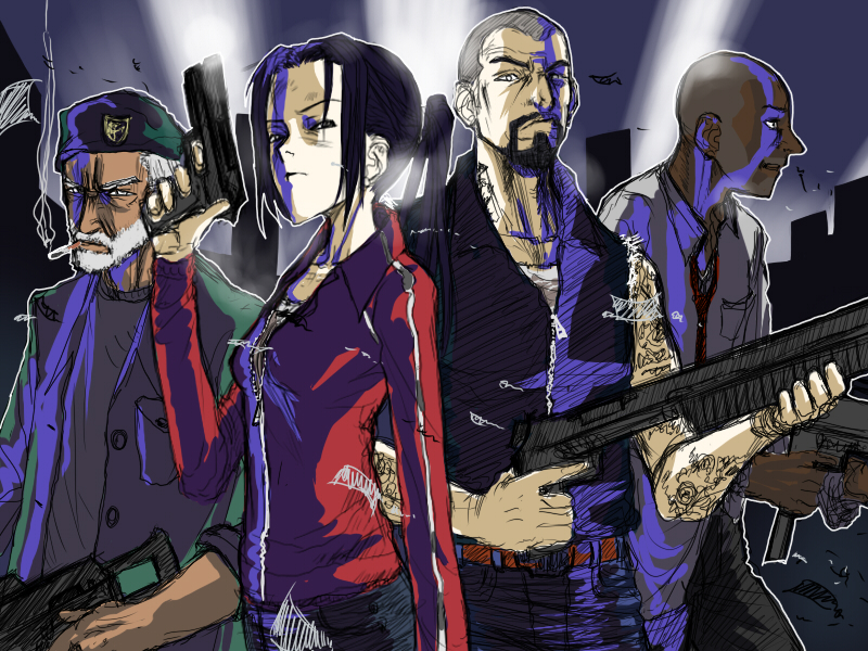 1girl, 3boys, bill_(left4dead), cigarette, francis_(left4dead), gun, left_4_dead, left_4_dead_1, louis_(left4dead), multiple_boys, pija_(pianiishimo), shotgun, smoking, tiihatanono, weapon, zoey_(left4dead)