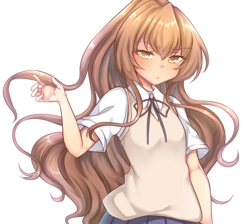 1girl, aisaka_taiga, blue_skirt, brown_eyes, brown_hair, female_focus, looking_at_viewer, pleated_skirt