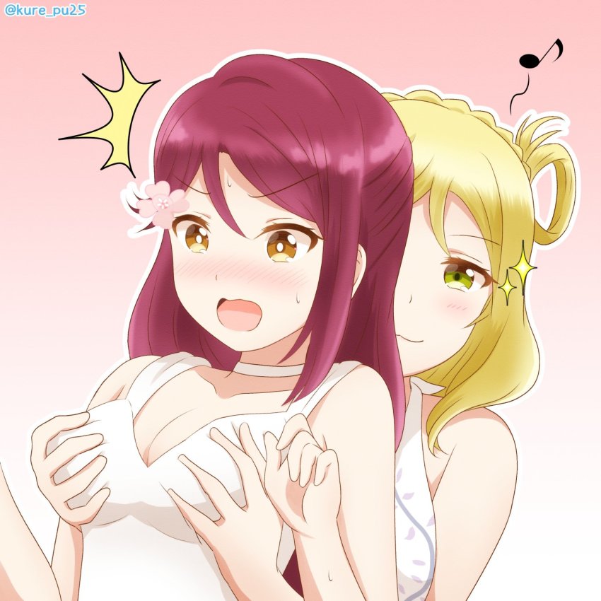 10s, 2girls, blonde_hair, breasts, cleavage, highres, kure_pu25, long_hair, love_live!, love_live!_sunshine!!, multiple_girls, ohara_mari, red_hair, sakurauchi_riko