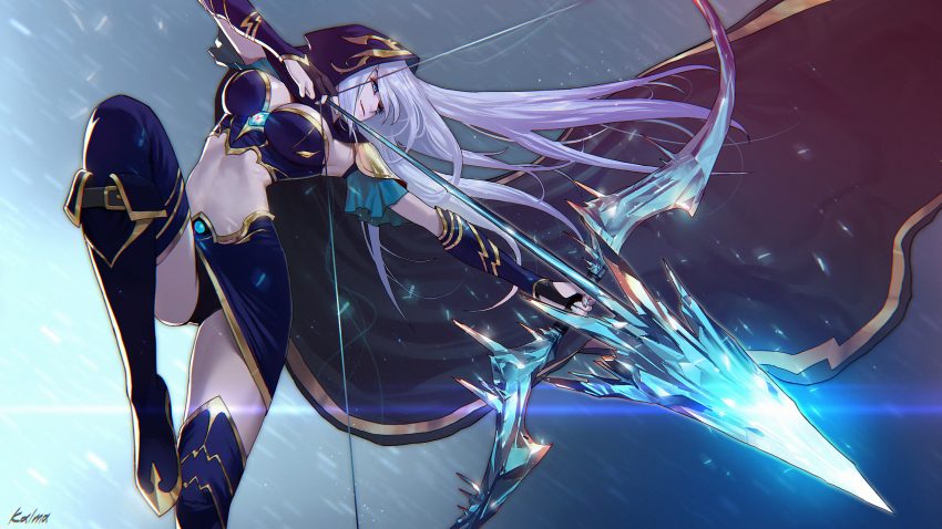 adapted_costume, arrow_(projectile), ashe_(league_of_legends), black_panties, blue_eyes, bow_(weapon), breasts, crossbow, drawing_bow, highres, holding, holding_bow_(weapon), holding_weapon, ice, kalma, league_of_legends, midriff, navel, panties, pantyshot, riot_games, skirt, snow, solo, thick_thighs, thighhighs, thighs, underwear, weapon, white_hair
