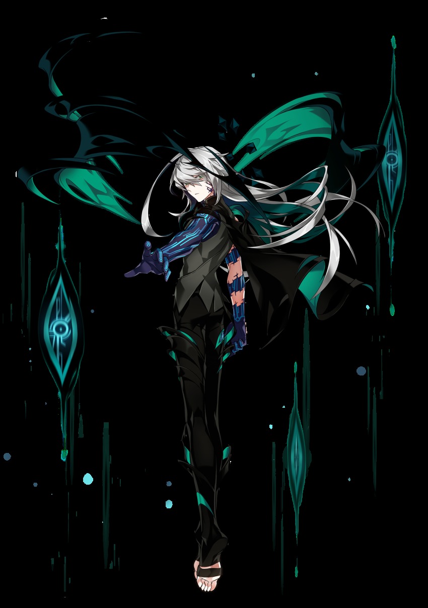 1boy, ainchase_ishmael, apostasia_(elsword), arm_behind_back, back, cloak, corruption, cracked_skin