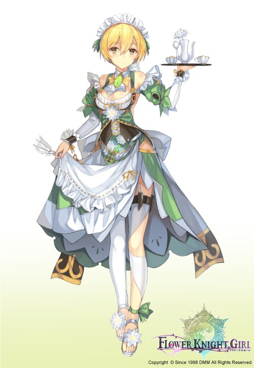 1girl, apron, blonde_hair, bow, breasts, cleavage, copyright_name, dagger