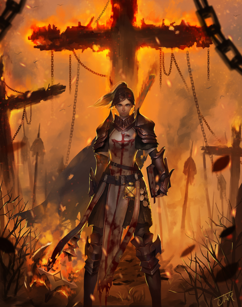 1girl, absurdres, armor, axe, battle_axe, belt, blood, blood_on_clothes, blue_eyes, branch, brown_hair, burning, chain, chainmail, closed_mouth, cross, female_focus, female_priest_(dungeon_and_fighter), fire, flaming_weapon, flask, highres, holding, holding_axe, holding_weapon, inquisitor_(dungeon_and_fighter), j_jp, knight, looking_at_viewer, original, pauldrons, ponytail, shoulder_armor, signature, skirt, solo, standing, weapon