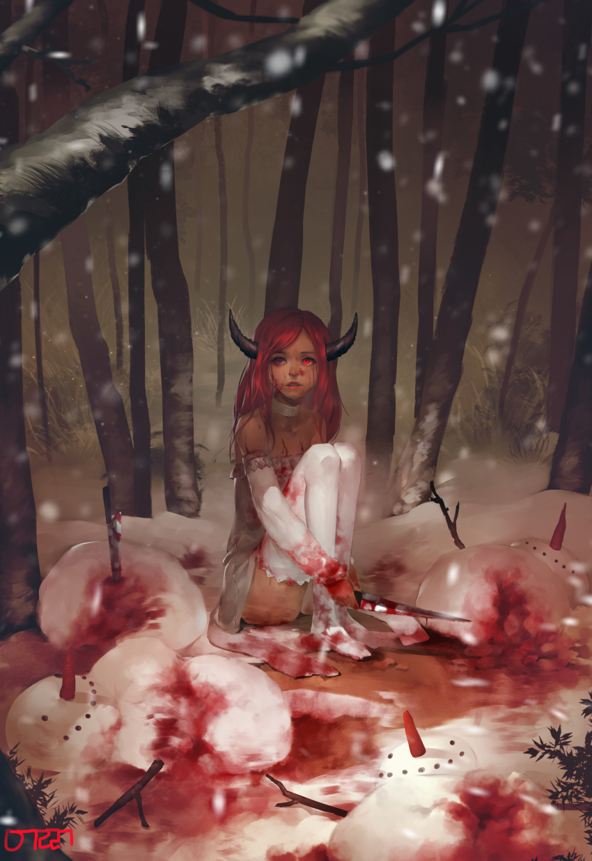 1girl, absurdres, blood, blood_on_clothes, blood_on_face, blood_on_hands, blood_splatter, carrot, choker, collarbone, detached_sleeves, dress, female_focus, forest, full_body, grass, highres, holding, holding_knife, j_jp, knife, long_hair, long_sleeves, looking_away, looking_up, nature, no_shoes, original, outdoors, parted_lips, red_eyes, red_hair, sitting, snow, snowing, snowman, solo, stick, strapless, strapless_dress, thighhighs, white_dress, white_thighhighs