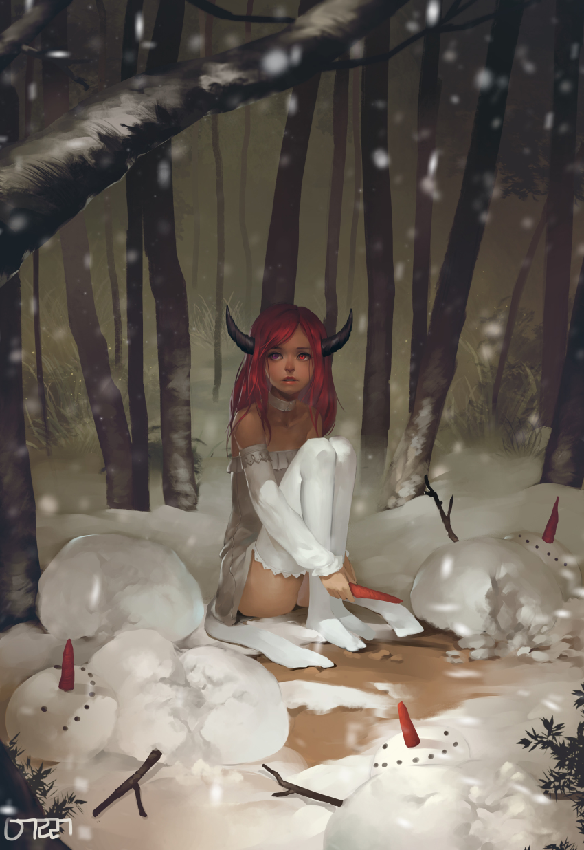 1girl, absurdres, carrot, choker, collarbone, commentary, detached_sleeves, dress, female_focus, food, forest, full_body, grass, highres, holding, holding_food, j_jp, long_hair, long_sleeves, looking_away, looking_up, nature, no_shoes, original, outdoors, parted_lips, red_eyes, red_hair, sitting, snow, snowing, snowman, solo, stick, strapless, strapless_dress, thighhighs, white_dress, white_thighhighs