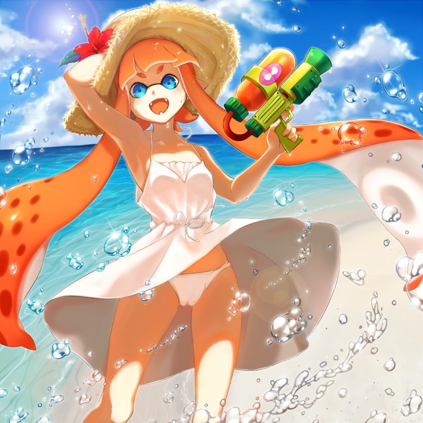 1girl, armpits, bad_id, bad_pixiv_id, beach, blue_eyes, blunt_bangs, cameltoe, casual, clothes_lift, cloud, cloudy_sky, commentary_request, day, dress, dress_lift, fangs, female_focus, flower, hand_on_headwear, hat, hat_flower, highres, holding, holding_weapon, inkling, inkling_girl, inkling_player_character, lens_flare, long_hair, mask, mimimi_(echonolog), nintendo, ocean, open_mouth, orange_hair, panties, pantyshot, pointy_ears, short_dress, sky, smile, solo, spaghetti_strap, splattershot_(splatoon), standing, straw_hat, sun, sun_hat, sundress, tentacle_hair, underwear, very_long_hair, water_drop, weapon, wet, white_dress, white_panties, wind, wind_lift