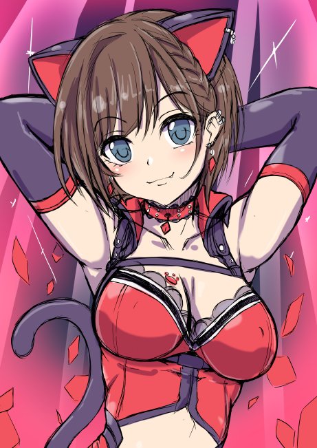 10s, 1girl, animal_ears, armpits, arms_behind_head, arms_up, breasts, brown_hair