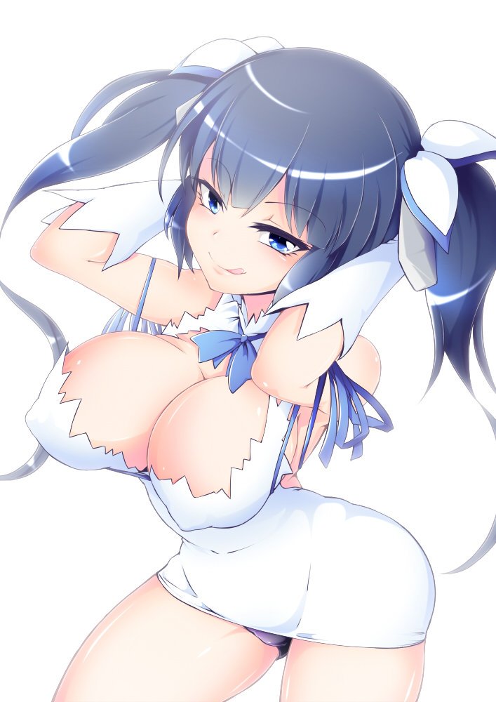 10s, 1girl, arms_up, black_hair, blue_eyes, blue_ribbon, breasts, cleavage
