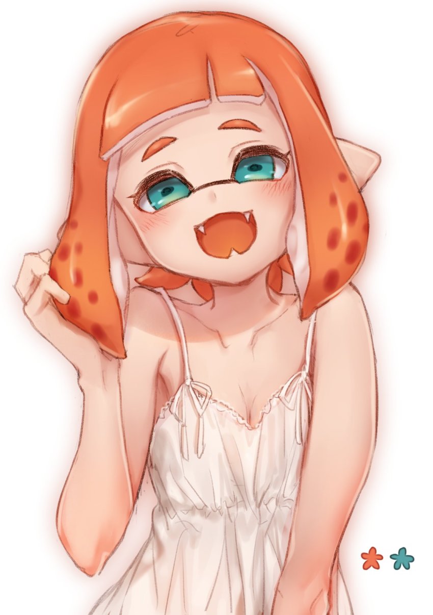 1girl, adjusting_hair, bad_id, bad_pixiv_id, blunt_bangs, breasts, dress, fangs, female_focus, green_eyes, highres, inkling, inkling_girl, inkling_player_character, looking_at_viewer, mimimi_(echonolog), nintendo, open_mouth, orange_hair, pointy_ears, short_hair, simple_background, small_breasts, smile, solo, spaghetti_strap, splatoon_(series), splatoon_2, standing, sundress, tentacle_hair, upper_body, white_background, white_dress