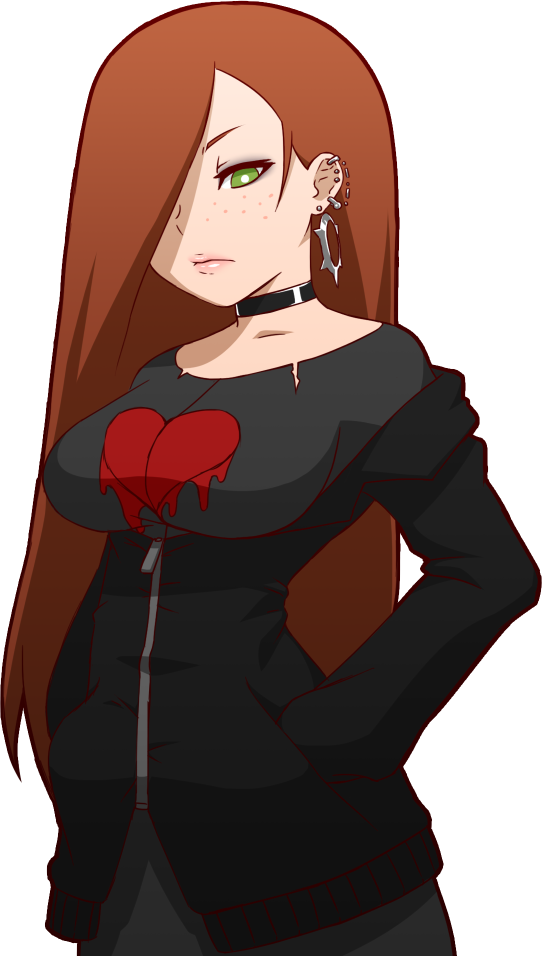1girl, alternate_costume, bad_id, bad_tumblr_id, breasts, brown_hair, choker, ear_piercing, earrings, female_focus, freckles, gravity_falls, green_eyes, hair_over_one_eye, hands_in_pockets, heart, jewelry, large_breasts, long_hair, makeup, mike_inel, piercing, pink_lips, reverse_falls_(gravity_falls), solo, torn_clothes, transparent_background, wading, wendy_corduroy