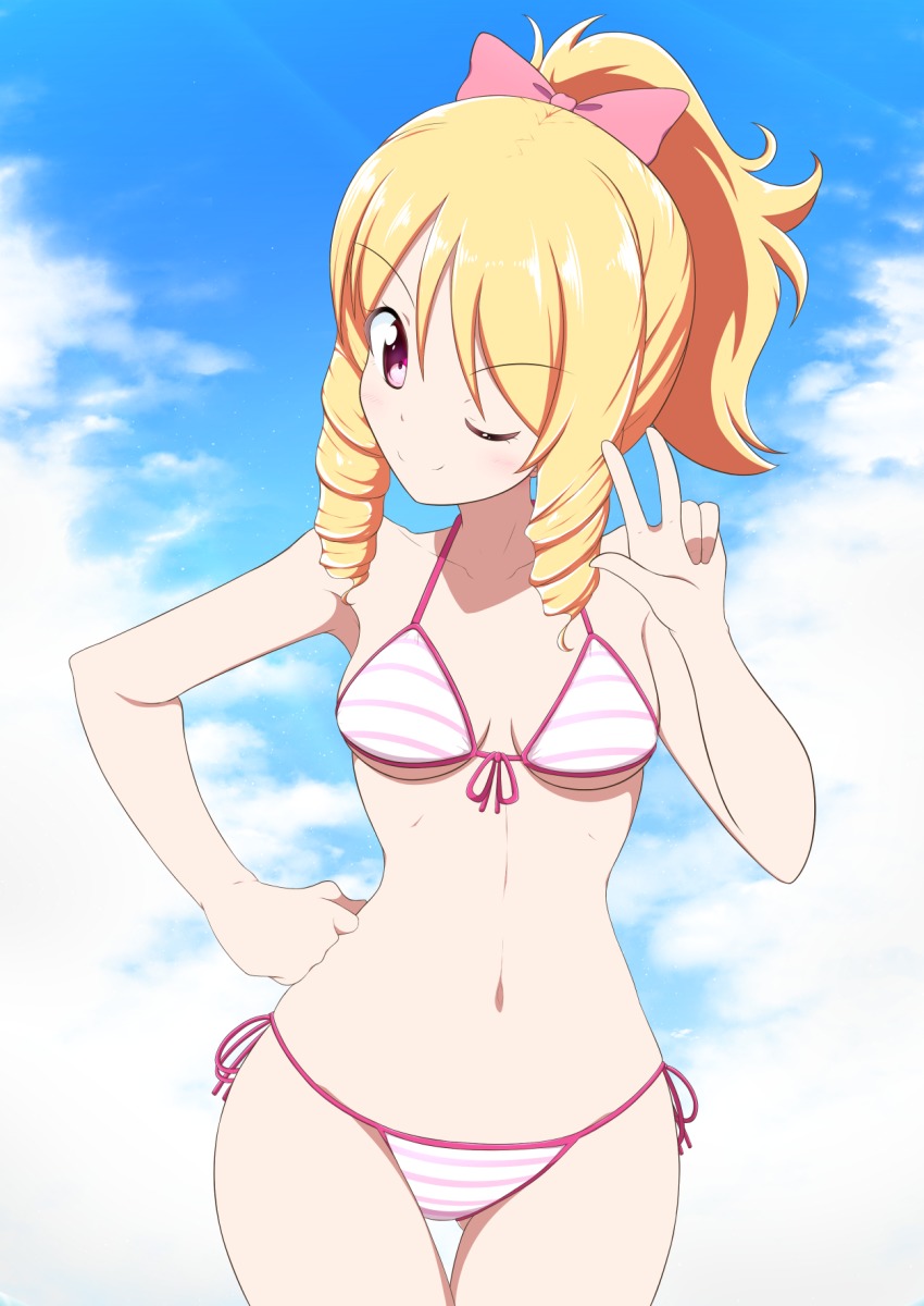 10s, 1girl, bikini, blonde_hair, bow, brown_eyes, cloud, cowboy_shot