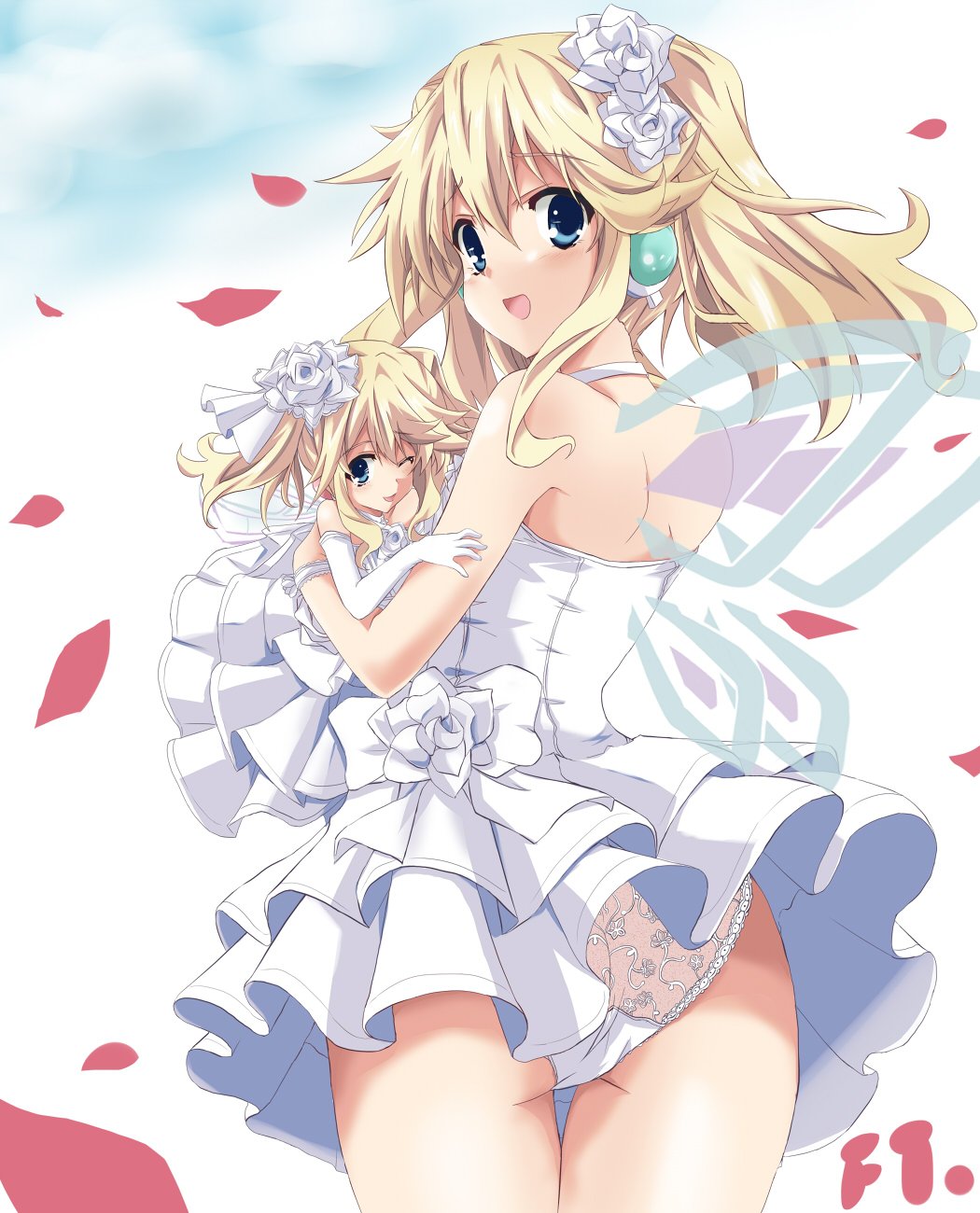 2girls, ass, blonde_hair, blue_eyes, blush, choujigen_game_neptune, cowboy_shot, dress, dual_persona, fairy, fairy_wings, female_focus, fujishima_tsubasa, hair_between_eyes, hair_ornament, halterneck, happy, hat, highres, histoire, histoire_(ultradimension), jewelry, kami_jigen_game_neptune_v, long_hair, looking_at_viewer, looking_back, mini_person, minigirl, multiple_girls, multiple_persona, neptune_(series), open_mouth, panties, ring, smile, thighs, twintails, underwear, wedding_band, wedding_dress, wings, yuri