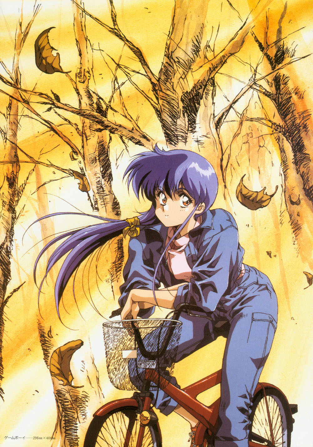 1990s_(style), 1girl, arm_support, bicycle, blue_hair, crossed_arms, female_focus, highres