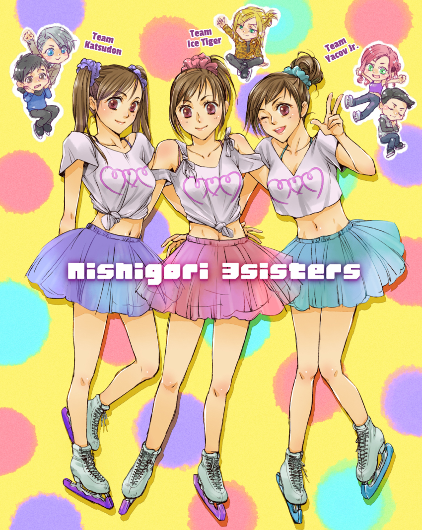 10s, 4boys, 4girls, aged_up, black_hair, blonde_hair, blue_eyes, brown_eyes