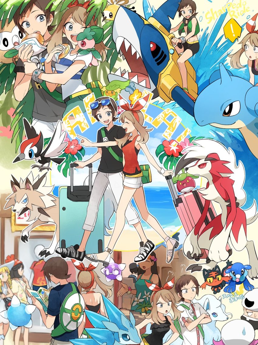 !, 2boys, 5girls, :d, ;d, ^_^, alolan_form, alolan_ninetales, alolan_sandslash, alternate_costume, apron, bad_id, bad_twitter_id, bag, bandana, beanie, bike_shorts, blouse, blue_eyes, bounsweet, brendan_(pokemon), brown_hair, closed_eyes, collared_shirt, comfey, crossed_arms, cutiefly, dark_skin, eating, eyewear_on_head, flower, fomantis, food, full_body, gen_1_pokemon, gen_3_pokemon, gen_4_pokemon, gen_7_pokemon, hairband, hat, highres, lapras, lillie_(pokemon), litten, lycanroc, lycanroc_(midday), lycanroc_(midnight), malasada, map, may_(pokemon), may_(pokemon_oras), minior, minior_(blue_core), minior_(core), minior_(violet_core), multiple_boys, multiple_girls, ninetales, nintendo, one_eye_closed, open_mouth, pants, pikipek, pokemon, pokemon_(creature), pokemon_omega_ruby_and_alpha_sapphire, pokemon_sun_and_moon, popplio, riding, riding_pokemon, rowlet, sandslash, selene_(pokemon), sharpedo, shirt, shorts, smile, speech_bubble, starter_pokemon_trio, sunglasses, surfing, sweatdrop, tank_top, team_skull, team_skull_grunt, thought_bubble, walking, water, yukin_(es)