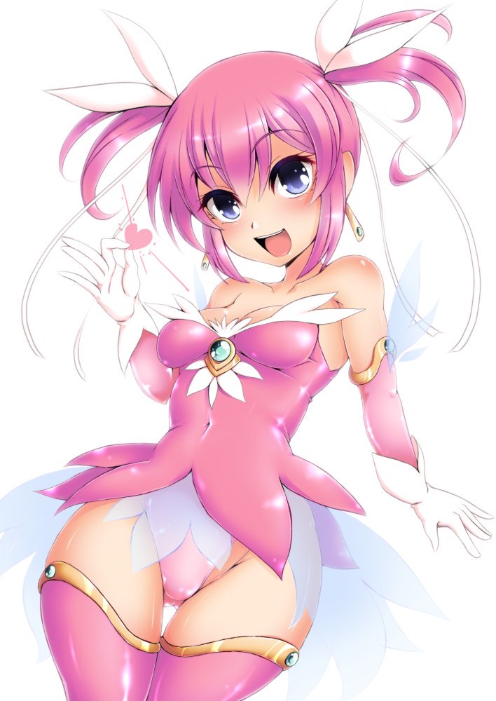 1girl, :d, bare_shoulders, blue_eyes, blush, breasts, brooch, collarbone, cowboy_shot, detached_sleeves, dress, earrings, female_focus, gem, gloves, groin, hair_between_eyes, hair_ribbon, hand_up, heart, hip_focus, jewelry, legs, looking_at_viewer, magical_girl, neck, open_mouth, panties, pantyshot, pink_detached_sleeves, pink_dress, pink_hair, pink_panties, purple_eyes, ribbon, round_teeth, sanagi_semi, shiny_clothes, shiny_skin, short_dress, short_hair, simple_background, small_breasts, smile, solo, standing, strapless, strapless_dress, teeth, thighhighs, thighs, twintails, underwear, white_background, white_gloves, white_ribbon, wide_hips