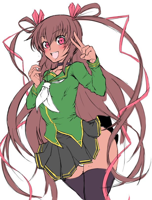 1girl, :d, blush, breasts, brown_hair, choker, dark-skinned_female, dark_skin, female_focus, hair_between_eyes, hair_ribbon, long_hair, looking_at_viewer, mizuki_yukikaze, open_mouth, panties, red_eyes, ribbon, sanagi_semi, simple_background, skirt, small_breasts, smile, solo, taimanin_(series), taimanin_asagi, taimanin_yukikaze, thighhighs, thighs, twintails, underwear, v, very_long_hair, white_background