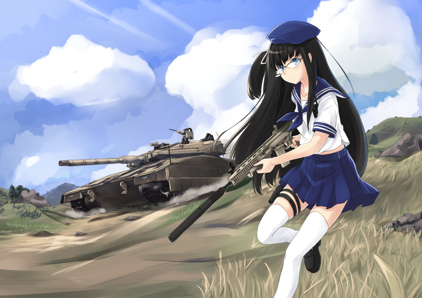 1girl, absurdres, allenes, arma_(series), arma_3, assault_rifle, black_hair, blue_eyes