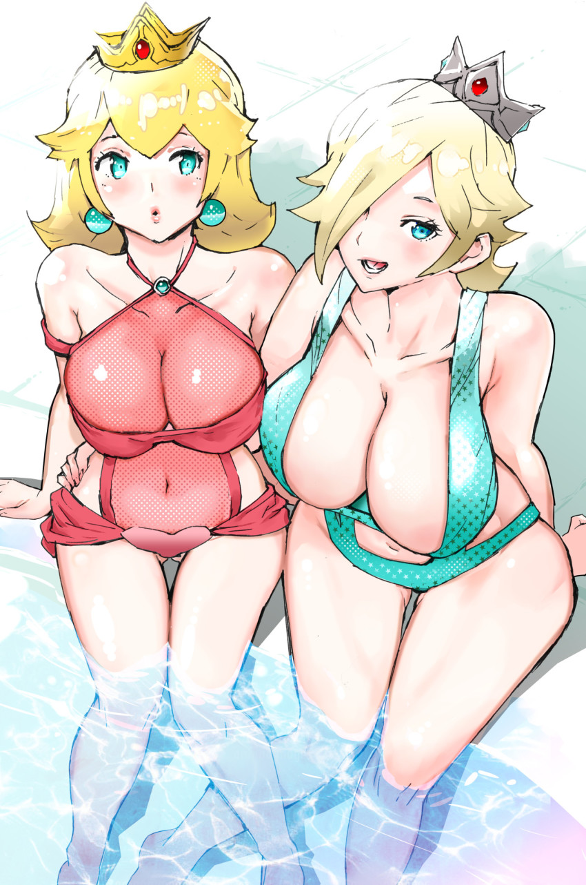 2girls, :o, alternate_breast_size_(larger), aqua_eyes, aqua_one-piece_swimsuit, arm_around_another's_waist, arm_at_side, arm_behind_back, arm_support, bare_arms, bare_legs, bare_shoulders, blonde_hair, breasts, brooch, cleavage, collarbone, crown, day, earrings, fishnet_swimsuit, fishnets, from_above, full_body, hair_over_one_eye, halterneck, hand_on_another's_hip, highres, huge_breasts, igarashi_mangou, jewelry, large_breasts, lips, lipstick, long_hair, looking_at_another, looking_at_viewer, looking_up, makeup, mario_(series), mature_female, multiple_girls, navel, nintendo, one-piece_swimsuit, open_mouth, outdoors, parted_lips, poolside, princess_peach, red_one-piece_swimsuit, rosalina, shiny_skin, sitting, smile, star_(symbol), star_print, stomach, super_mario_galaxy, swimsuit, water