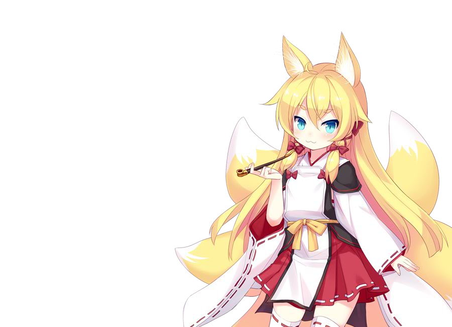 1girl, :3, akaboshi_no_kyuubiko, animal_ears, artist_request, blonde_hair, blue_eyes, fox_ears, fox_tail, game_cg, hakama, hakama_short_skirt, hakama_skirt, japanese_clothes, kitsune, kyuubi, long_hair, lord_of_walkure, miko, multiple_tails, red_hakama, ribbon_trim, skirt, smoking_pipe, tail, thighhighs, transparent_background, zettai_ryouiki
