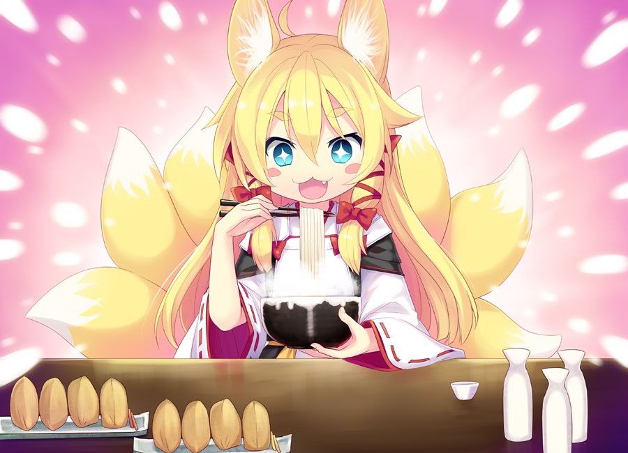 1girl, :3, akaboshi_no_kyuubiko, animal_ears, artist_request, blonde_hair, blue_eyes, chopsticks
