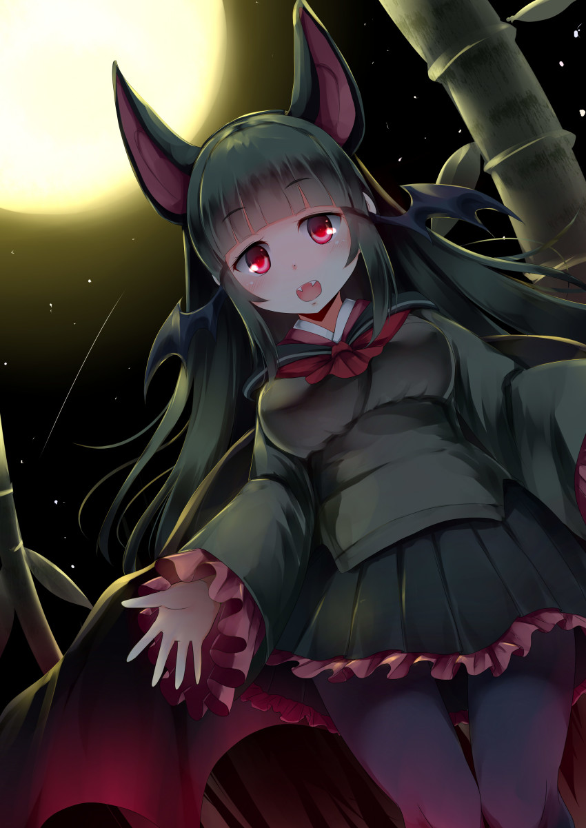 10s, 1girl, absurdres, animal_ears, bamboo, bat_ears, bat_wings, blush