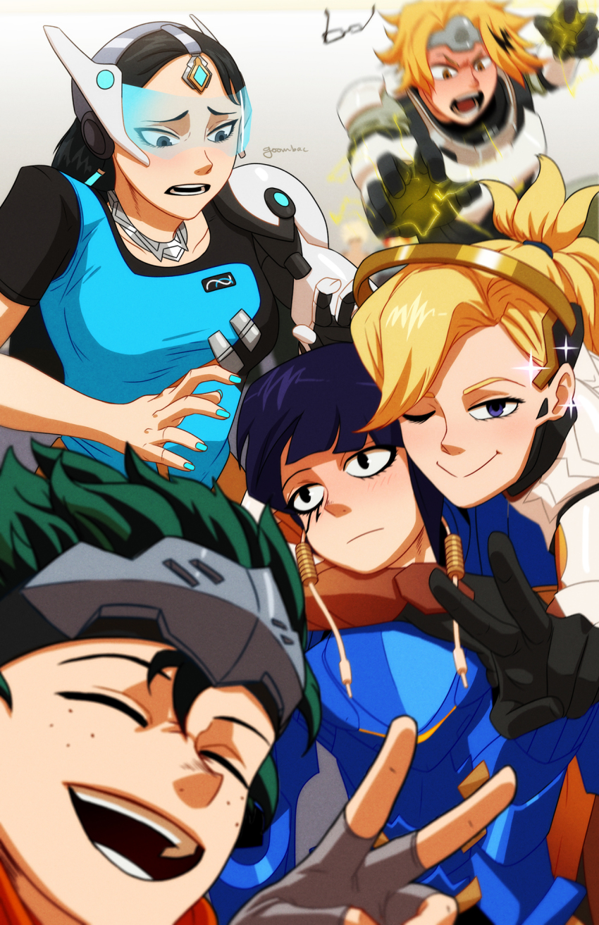 10s, 2girls, 3boys, :>, :d, :|, aoyama_yuuga, arm_over_shoulder, armor, artist_name, audio_jack, black_hair, blonde_hair, blue-tinted_eyewear, blue_dress, blue_eyes, blue_hair, blue_nails, blurry, blush, bodysuit, boku_no_hero_academia, brown_eyes, closed_eyes, closed_mouth, commentary, cosplay, dark-skinned_female, dark_skin, depth_of_field, dress, expressionless, eye_of_horus, facial_mark, facial_tattoo, genji_(overwatch), genji_(overwatch)_(cosplay), glasses, goombac, green_hair, grey_eyes, halo, high_ponytail, highres, jiro_kyoka, kaminari_denki, long_hair, looking_at_viewer, looking_back, mechanical_arms, mechanical_halo, mercy_(overwatch), mercy_(overwatch)_(cosplay), midoriya_izuku, multicolored_hair, multiple_boys, multiple_girls, nail_polish, one_eye_closed, open_mouth, overwatch, overwatch_1, pharah_(overwatch), pharah_(overwatch)_(cosplay), ponytail, power_armor, selfie, short_hair, simple_background, single_mechanical_arm, smile, sparkle, sparks, symmetra_(overwatch), symmetra_(overwatch)_(cosplay), tattoo, teeth, tinted_eyewear, v, visor, winston_(overwatch), winston_(overwatch)_(cosplay), yaoyorozu_momo