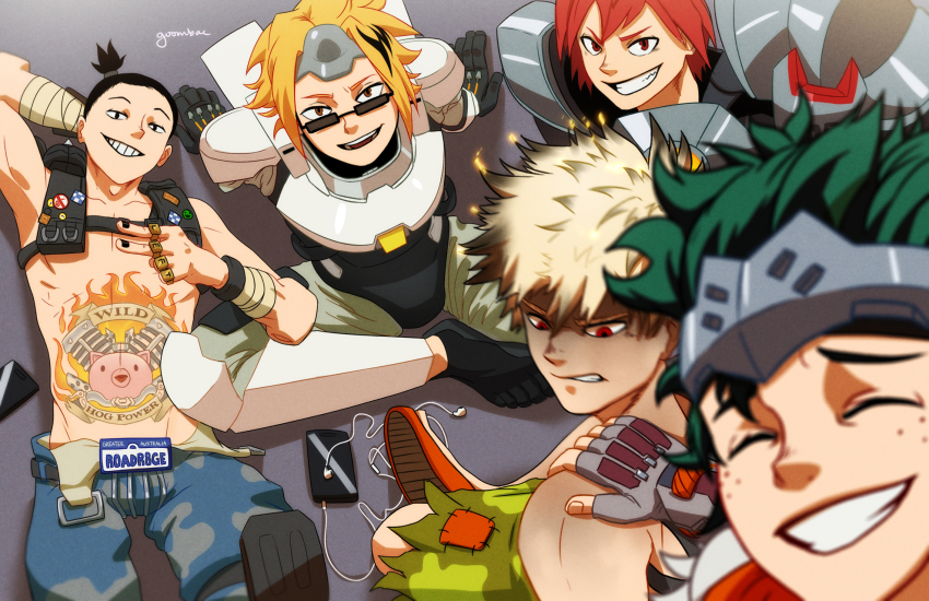 10s, 5boys, :d, angry, armor, artist_name, badge, bakugou_katsuki